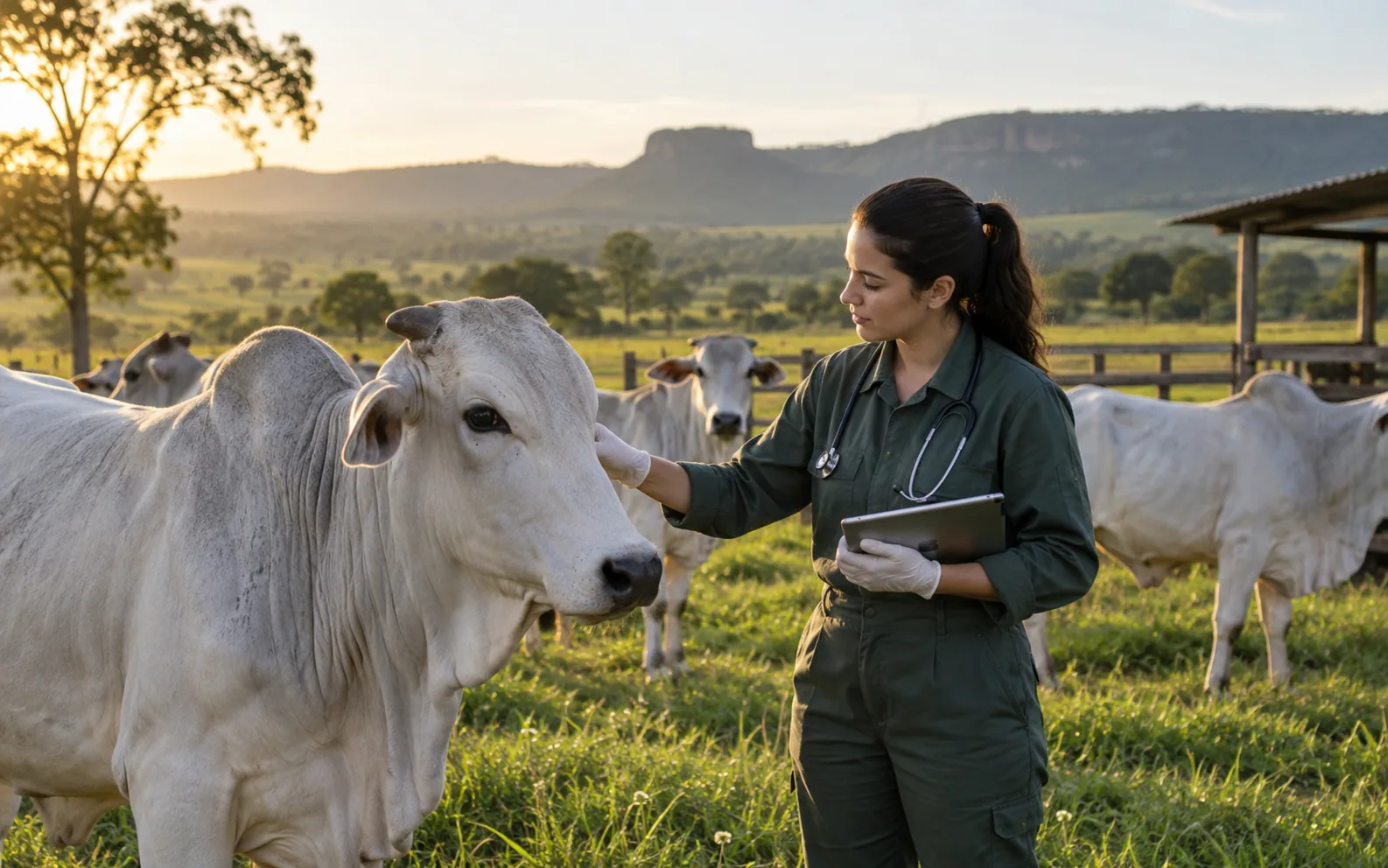 Médica-veterinária realizando avaliação sanitária de bovinos